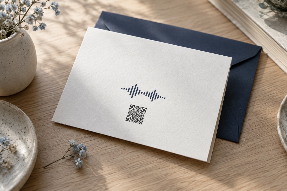 Illustrative voice-message card on an ivory sheet and navy envelope