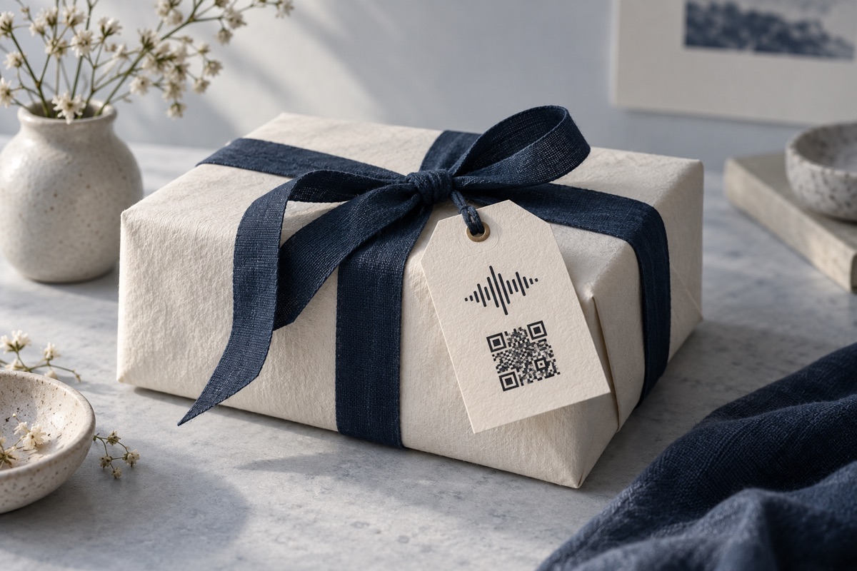 Illustrative gift wrapped with a navy ribbon and voice-message tag