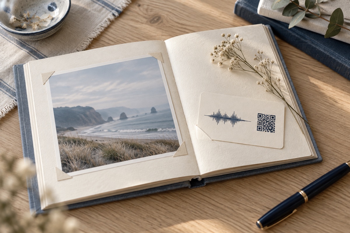 A voice-message card beside a seaside photograph in a scrapbook